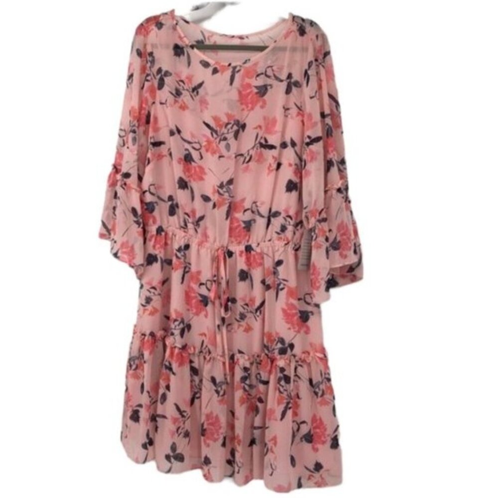 NWT Eliza J pink floral bell sleeve tiered ruffle dress 16W